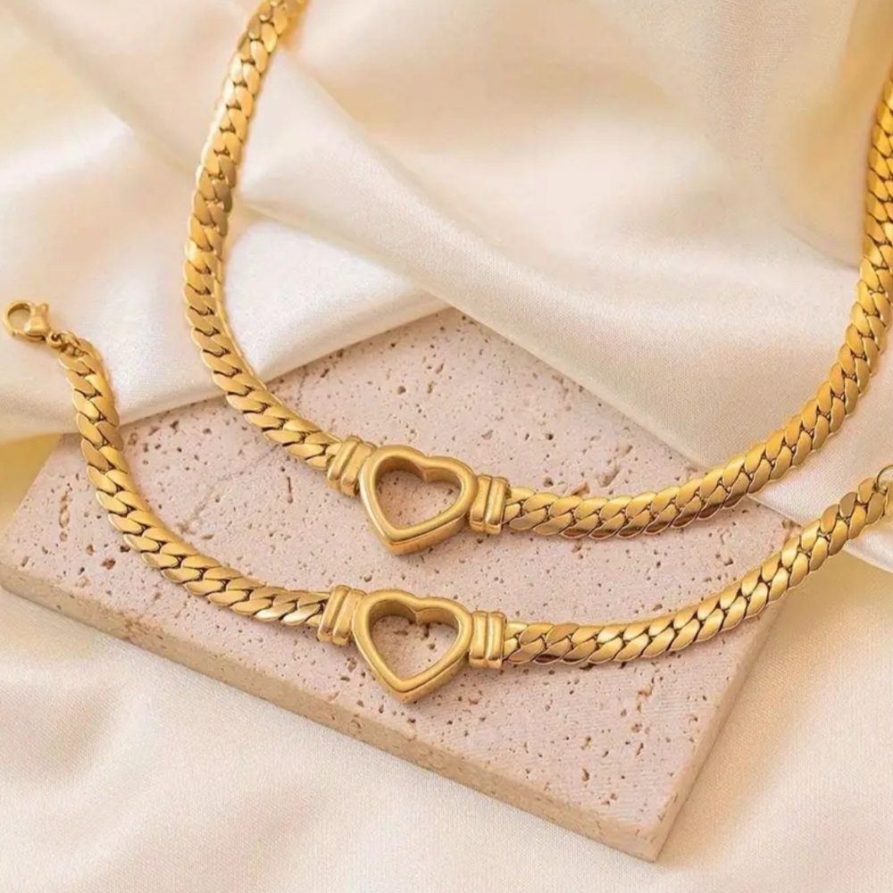 18 KT Gold Over Titanium Heart Necklace With Bracelet